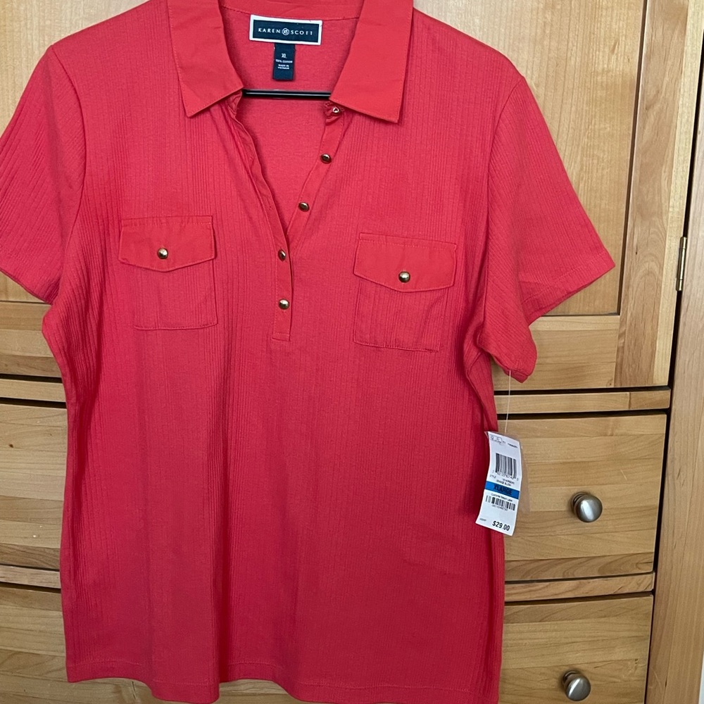 🧶Karen Scott -Collared Shirt- Red Orange- XL